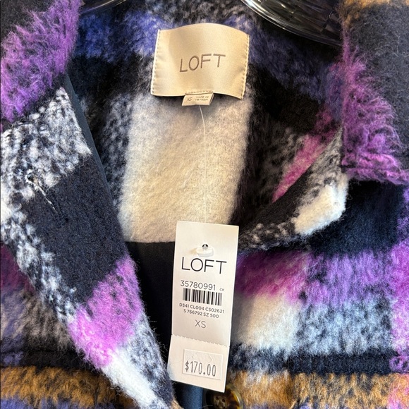 NWT Loft Purple Black White Gray Grey Orange Plaid Jacket Shacket XS - Picture 2 of 3